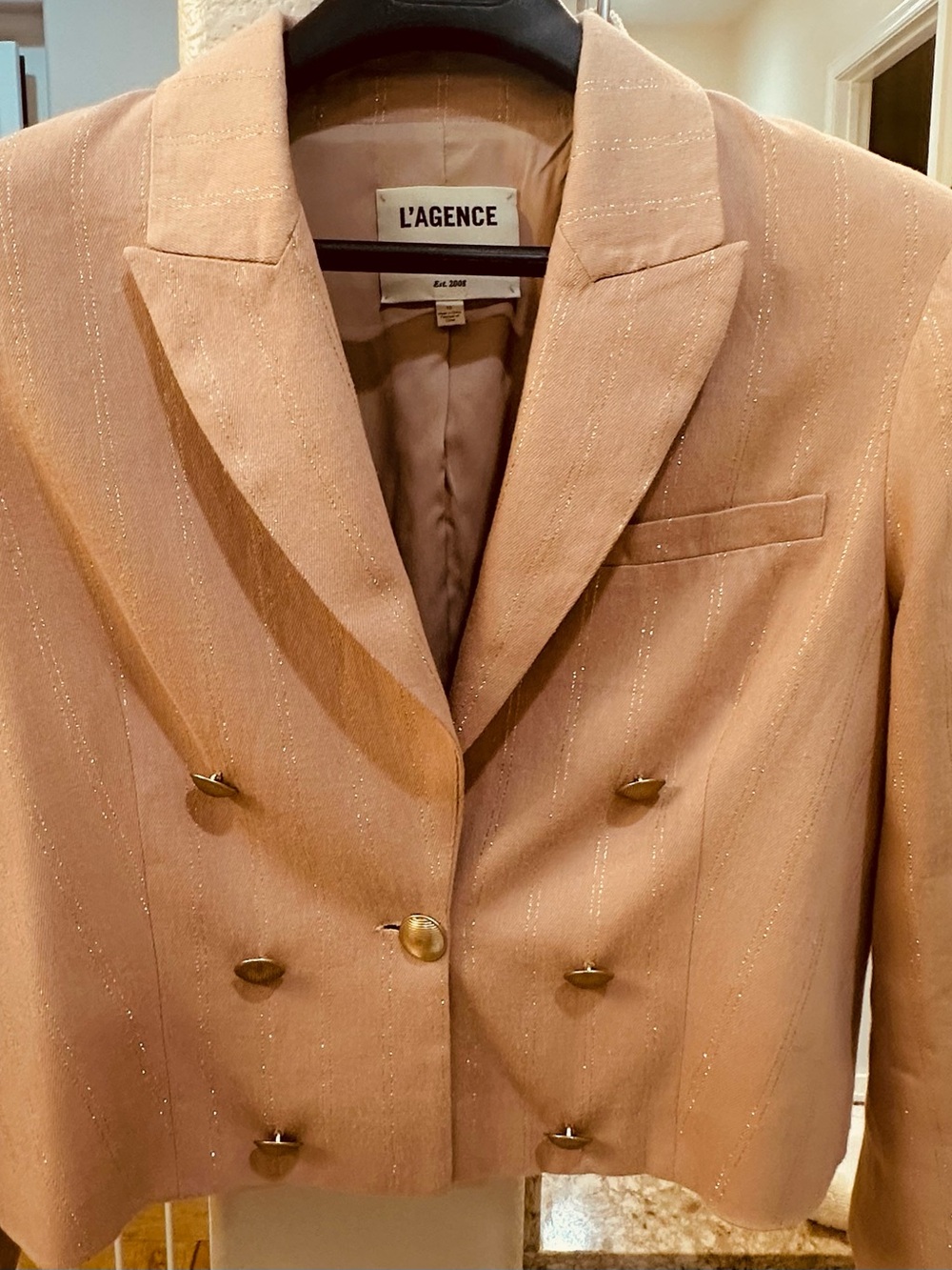 L'AGENCE Tan Cropped Double-Breasted Blazer with Metallic gold pinstripes